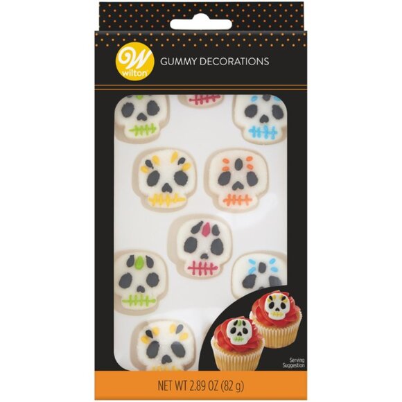 Wilton Halloween Gummy Skull Skeleton 10 pc Icing Cupcake Top Decorations Baking - Picture 1 of 3